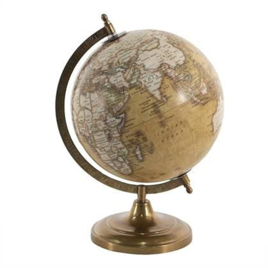 Clayre & Eef Wereldbol 22x30 cm Geel Bruin Hout Metaal Globe afbeelding 1