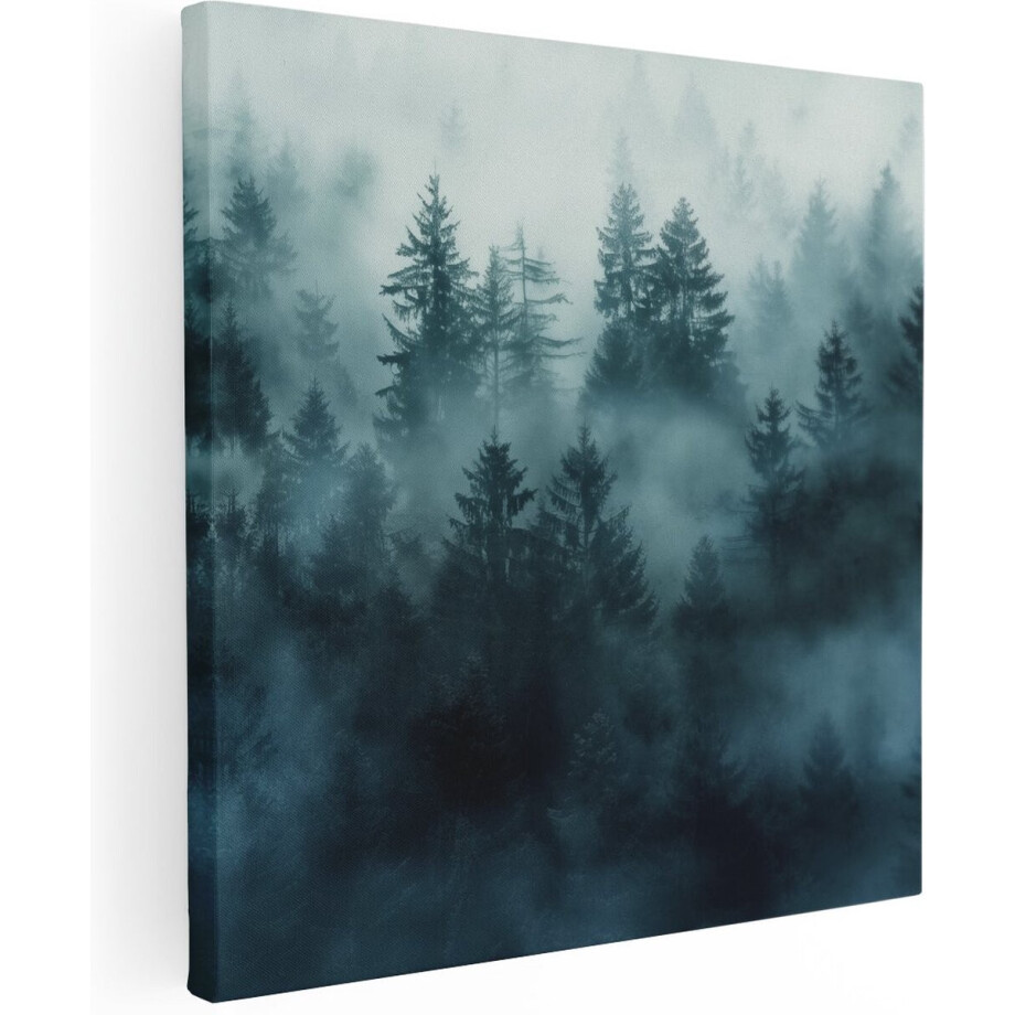 Artaza Canvas Schilderij Mistig Bos met Pijnbomen - 70x70 cm - Wanddecoratie Woonkamer - Schilderijen - Muurdecoratie afbeelding 1