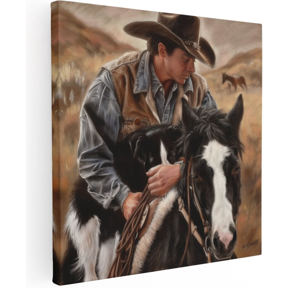 Artaza Canvas Schilderij Cowboy met zijn Hond - Dieren - 90x90 cm - Groot - Wanddecoratie Woonkamer - Schilderijen - Muurdecoratie afbeelding 1