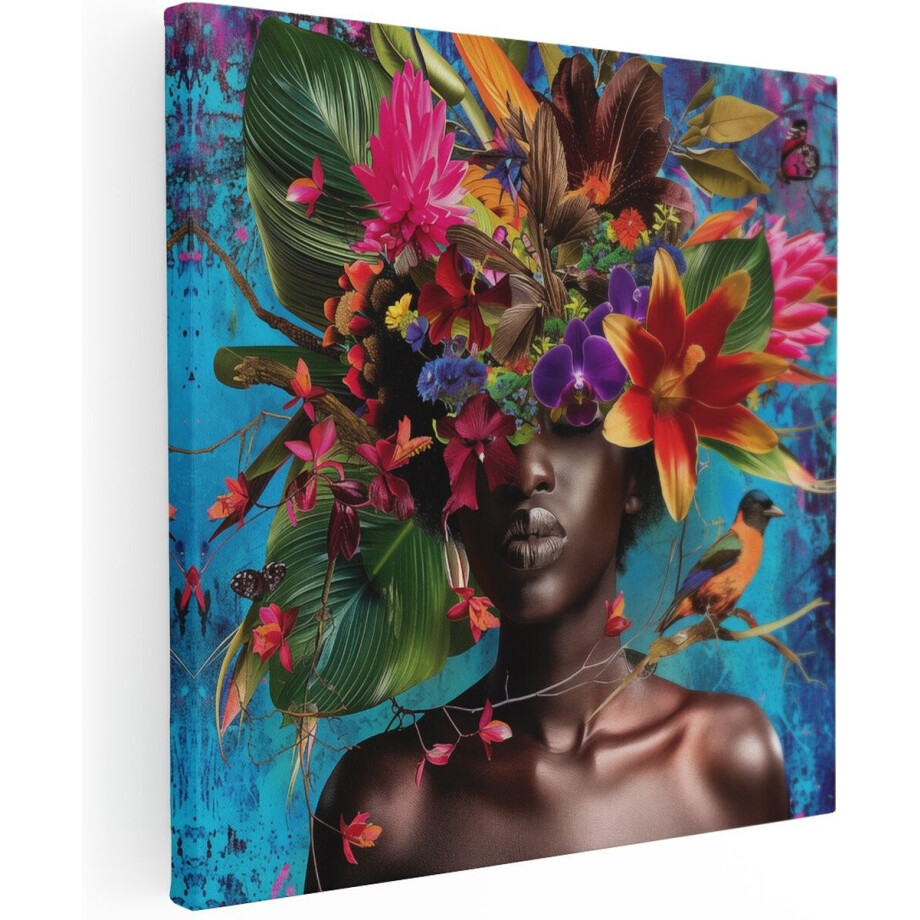 Artaza Canvas Schilderij Vrouw met Bloemen op haar Hoofd - Bloemen - 60x60 cm - Wanddecoratie Woonkamer - Schilderijen - Muurdecoratie afbeelding 1