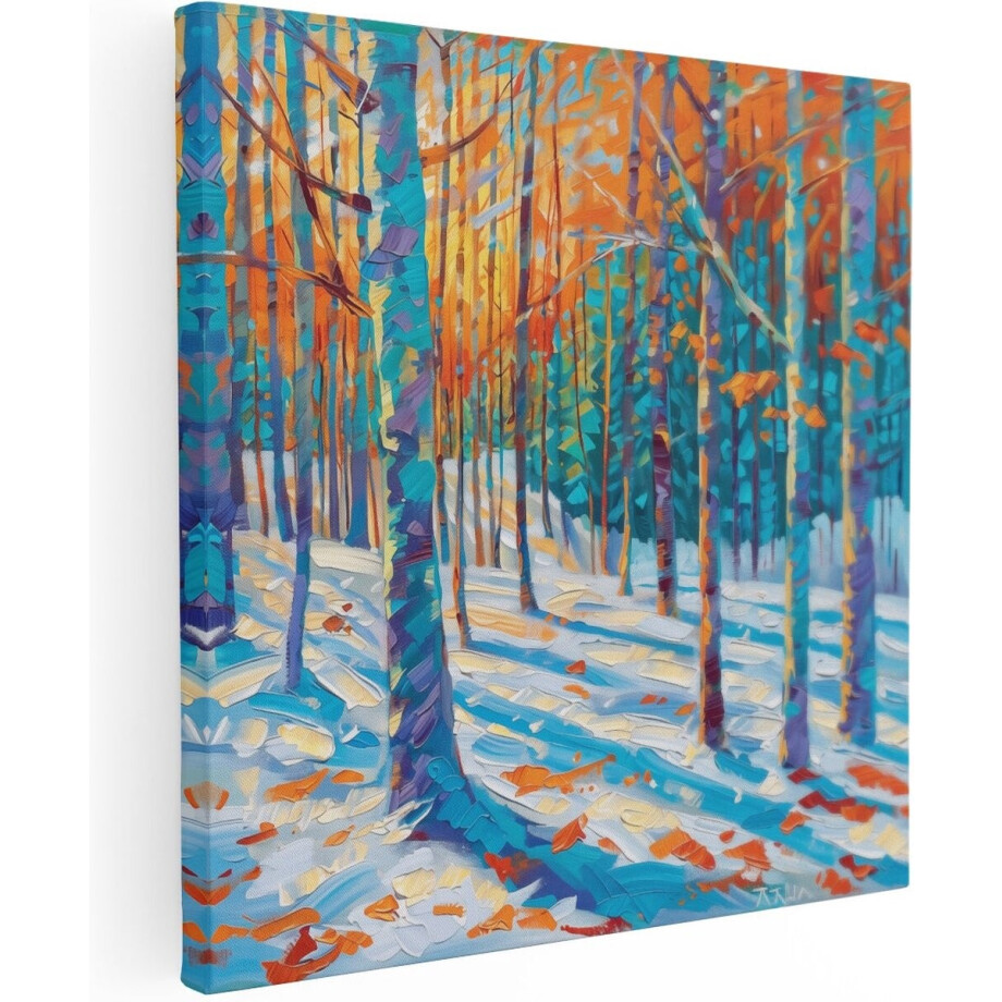 Artaza Canvas Schilderij Kunstwerk van een Besneeuwd Bos bij Zonsondergang - 60x60 cm - Wanddecoratie Woonkamer - Schilderijen - Muurdecoratie afbeelding 1