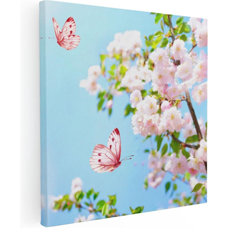 Artaza Canvas Schilderij Kersenbloesem - 80x80 cm - Wanddecoratie Vlinders - Muurdecoratie Bloemen - Schilderijen Op Canvas afbeelding 1