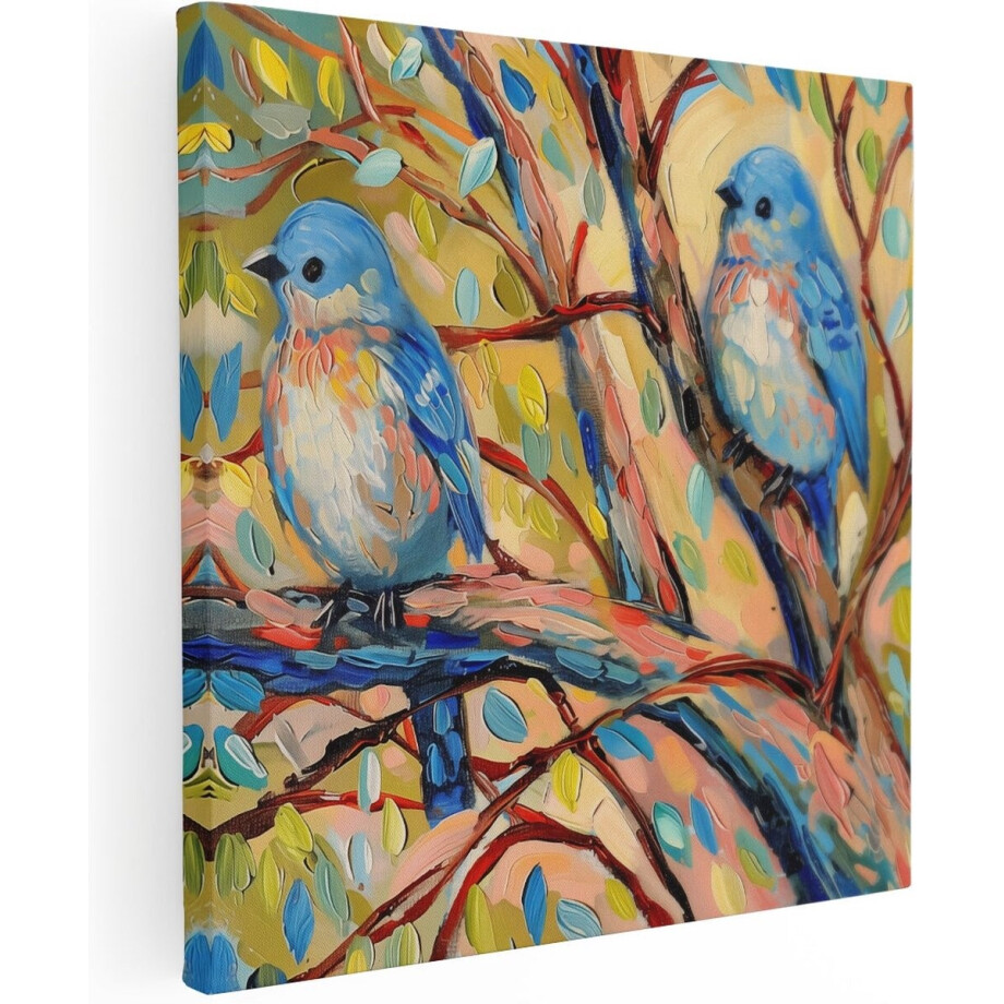 Artaza Canvas Schilderij Twee Vogels op een Boomtak - Dieren - 60x60 cm - Wanddecoratie Woonkamer - Schilderijen - Muurdecoratie afbeelding 1