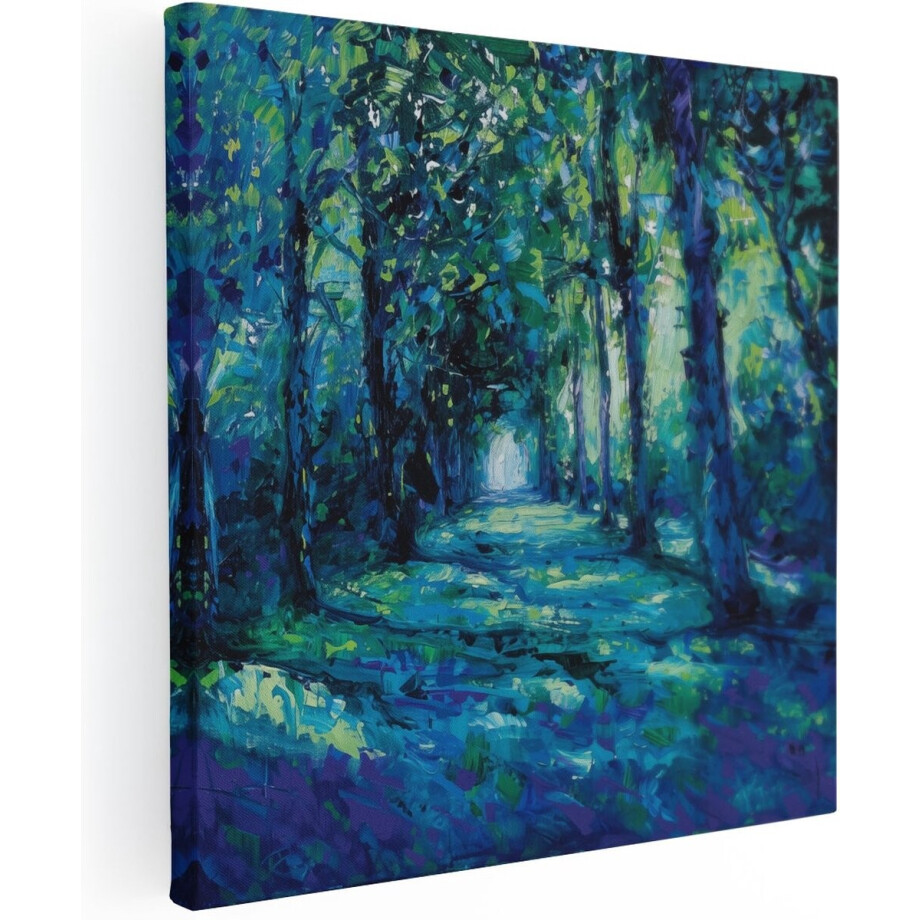 Artaza Canvas Schilderij Kunstwerk van een Blauw Pad in het Bos - 80x80 cm - Groot - Wanddecoratie Woonkamer - Schilderijen - Muurdecoratie afbeelding 1