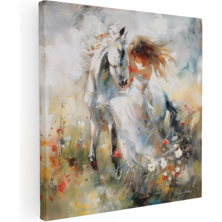 Artaza Canvas Schilderij Vrouw op een Paard in een Veld - Dieren - 60x60 cm - Wanddecoratie Woonkamer - Schilderijen - Muurdecoratie Artaza Canvas Schilderij Vrouw op een Paard in een Veld - Dieren - 60x60 cm - Wanddecoratie Woonkamer - Schilderijen - Muurdecoratie afbeelding 1