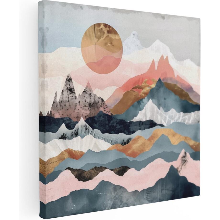 Artaza Canvas Schilderij Bergketen met een Zon op de Achtergrond - 80x80 cm - Groot - Wanddecoratie Woonkamer - Schilderijen - Muurdecoratie afbeelding 1