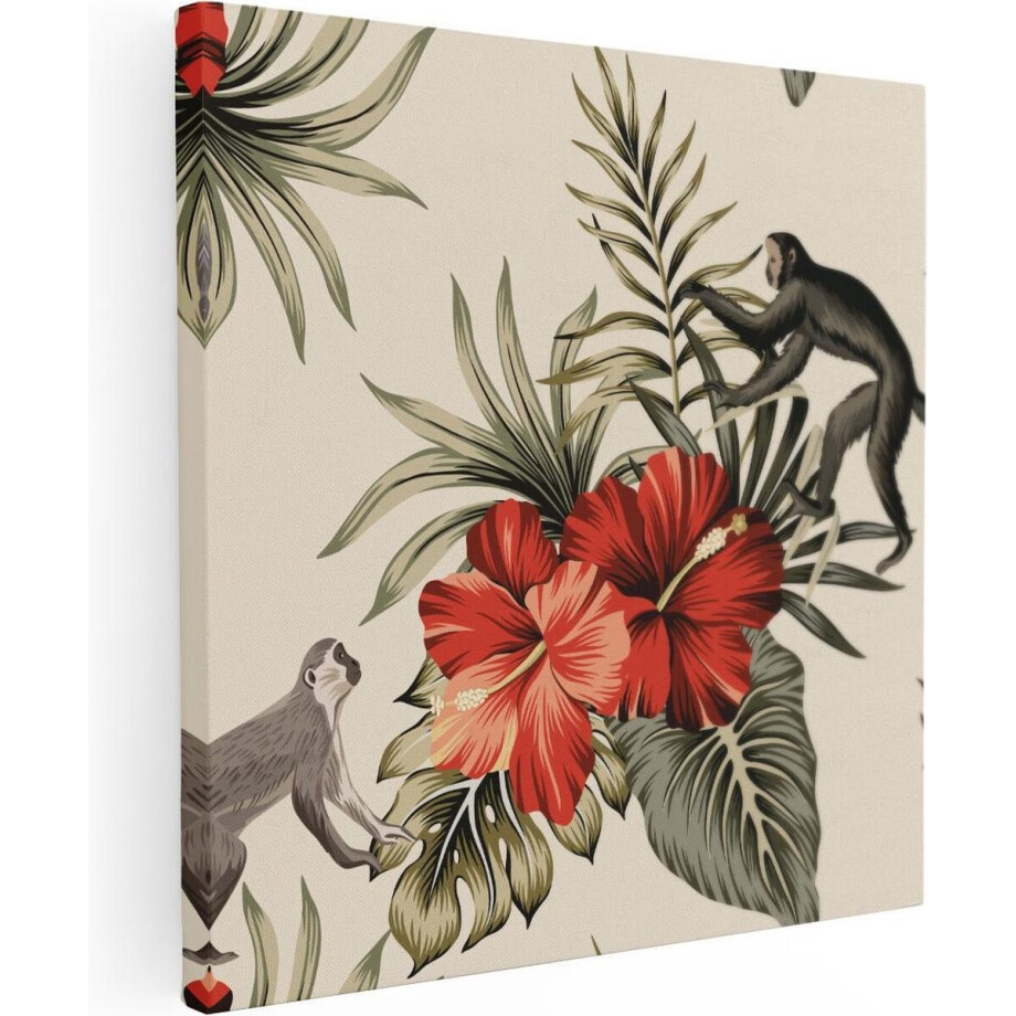 Artaza Canvas Schilderij Jungle - 40x40 cm - Klein - Wanddecoratie Hibiscus - Muurdecoratie Dieren - Kamer Accessoires Luiaard afbeelding 1