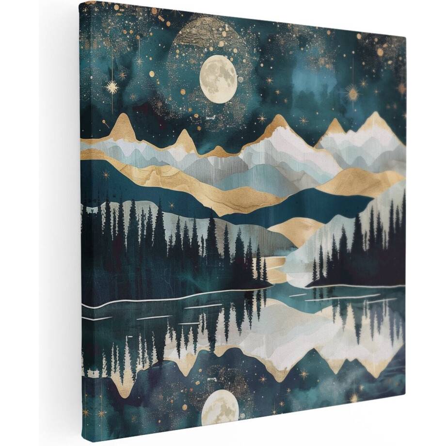 Artaza Canvas Schilderij Maan Weerspiegeld in een Meer - 80x80 cm - Groot - Wanddecoratie Woonkamer - Schilderijen - Muurdecoratie afbeelding 1