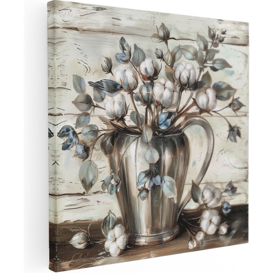 Artaza Canvas Schilderij Bloemen in een Zilveren Kan op een Houten Tafel - Bloemen - 90x90 cm - Groot - Wanddecoratie Woonkamer - Schilderijen - Muurdecoratie afbeelding 1