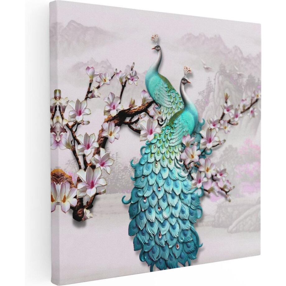 Artaza Canvas Schilderij Twee Blauwe Pauwen - Abstract - 40x40 - Klein - Foto Op Canvas - Canvas Print afbeelding 1