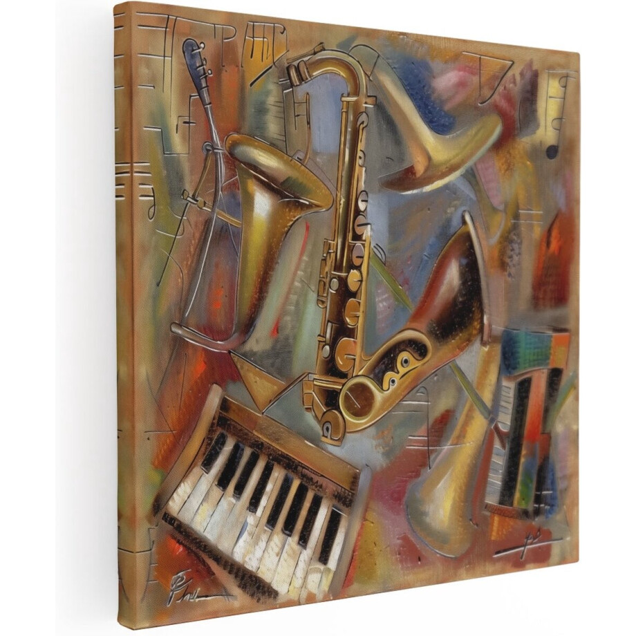 Artaza Canvas Schilderij Saxofoons en Keyboards - Muziek - 50x50 cm - Wanddecoratie Woonkamer - Schilderijen - Muurdecoratie afbeelding 1