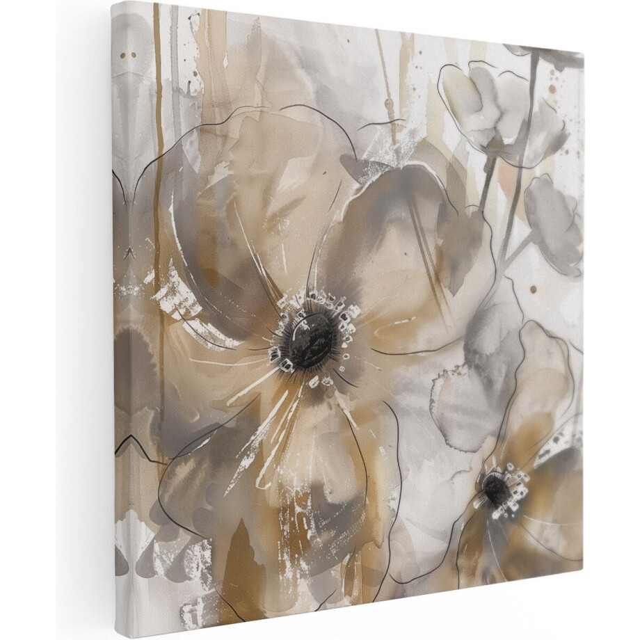 Artaza Canvas Schilderij Abstract Kunstwerk van Bloemen op een Beige Achtergrond - 60x60 - Muurdecoratie - Foto Op Canvas - Canvas Print afbeelding 1
