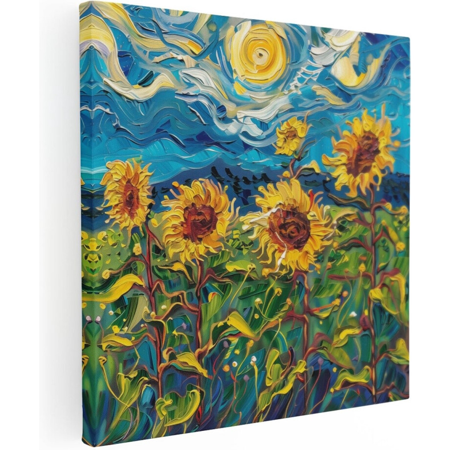Artaza Canvas Schilderij Zonnebloem - 90x90 cm - Wanddecoratie Van Gogh Stijl - Muurdecoratie Bloemen - Kamer Accessoires afbeelding 1