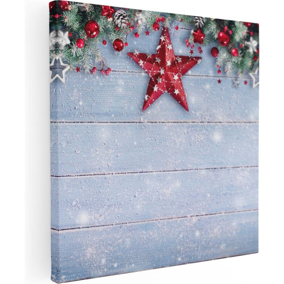 Artaza Canvas Schilderij Kerst Achtergrond Met Sneeuw Op Tafel - 80x80 cm - Groot - Wanddecoratie Woonkamer - Schilderijen - Muurdecoratie afbeelding 1