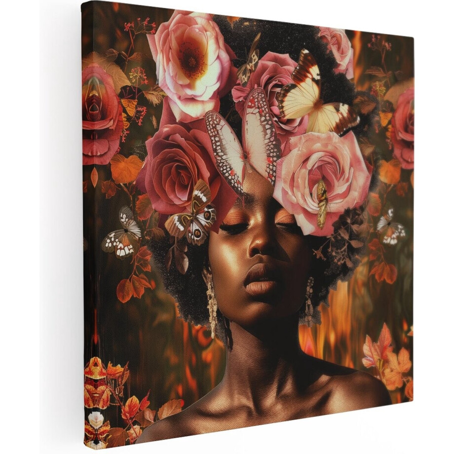 Artaza Canvas Schilderij Vrouw Bloemen - 70x70 cm - Wanddecoratie Schilderij Zwarte Vrouw - Muurdecoratie Vlinders - Kamer Accessoires afbeelding 1