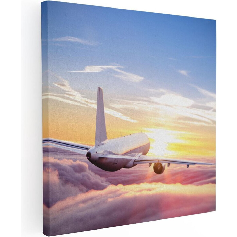 Artaza Canvas Schilderij Vliegtuig In De Wolken Bij Zonsondergang - 50x50 - Foto Op Canvas - Canvas Print afbeelding 1