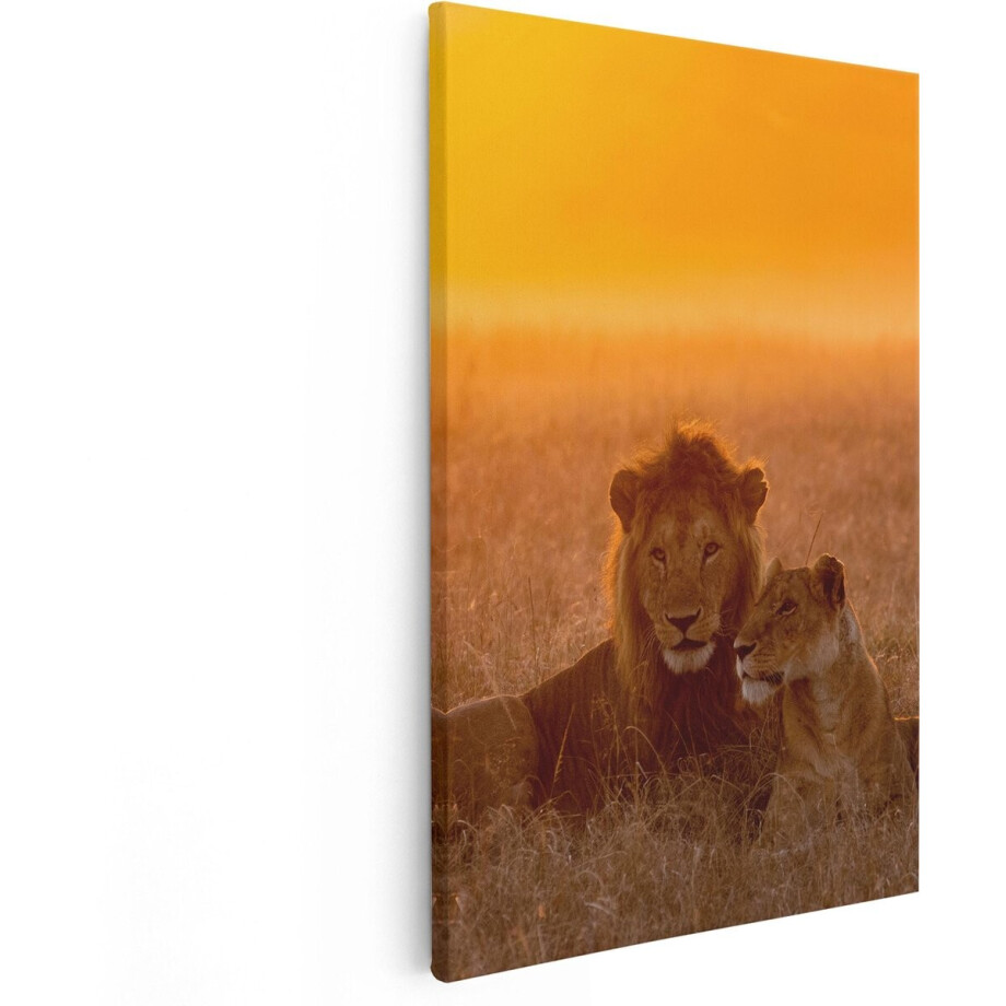 Artaza Canvas Schilderij Leeuw En Leeuwin Tijdens Zonsondergang - 20x30 - Klein - Foto Op Canvas - Canvas Print afbeelding 1