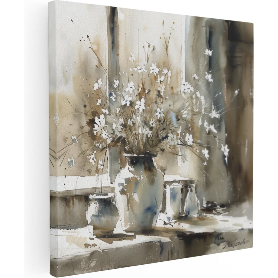 Artaza Canvas Schilderij Bloemen Stilleven - 90x90 cm - Wanddecoratie Aquarel - Muurdecoratie Vaas - Schilderijen Op Canvas afbeelding 1