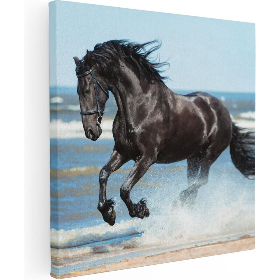 Artaza Canvas Schilderij Zwart Paard In Het Water - 50x50 - Foto Op Canvas - Canvas Print afbeelding 1