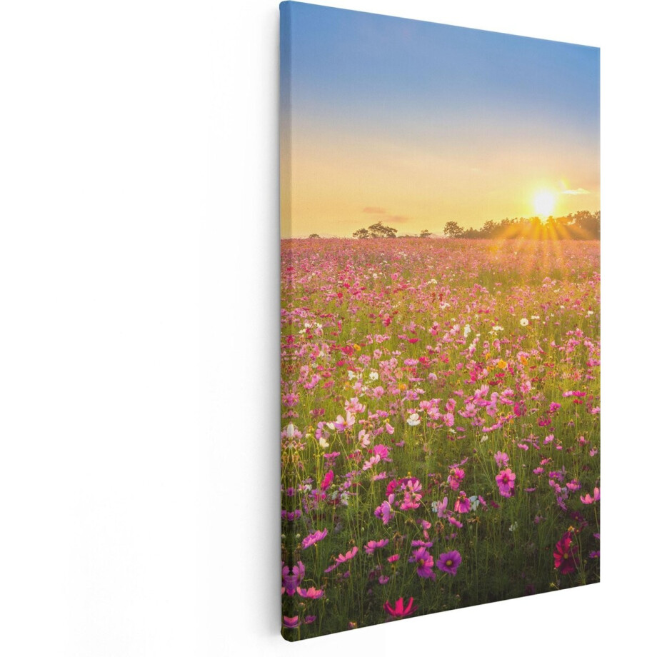 Artaza Canvas Schilderij Bloemenveld - 80x120 cm - Groot - Wanddecoratie Bloemen - Muurdecoratie Zonsondergang - Schilderijen Op Canvas afbeelding 1