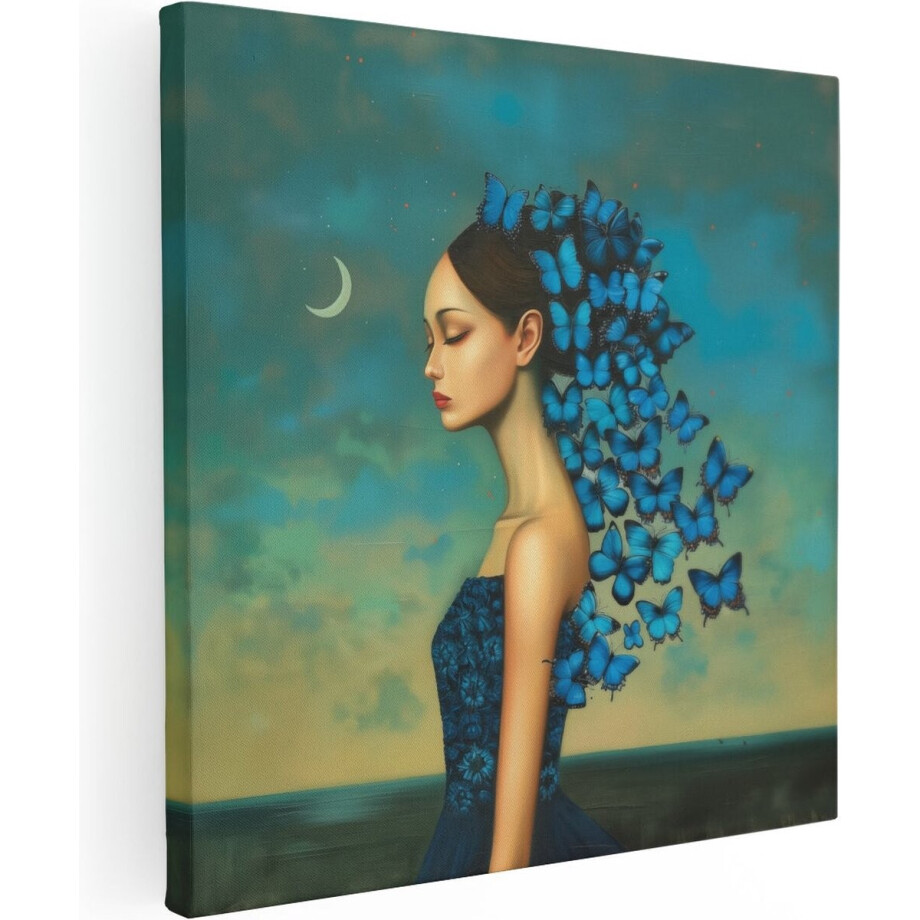 Artaza Canvas Schilderij Vrouw Met Vlinders - 80x80 cm - Wanddecoratie Woonkamer - Muurdecoratie Vlinders - Decoratie Blauw Artaza Canvas Schilderij Vrouw Met Vlinders - 80x80 cm - Wanddecoratie Woonkamer - Muurdecoratie Vlinders - Decoratie Blauw afbeelding 1