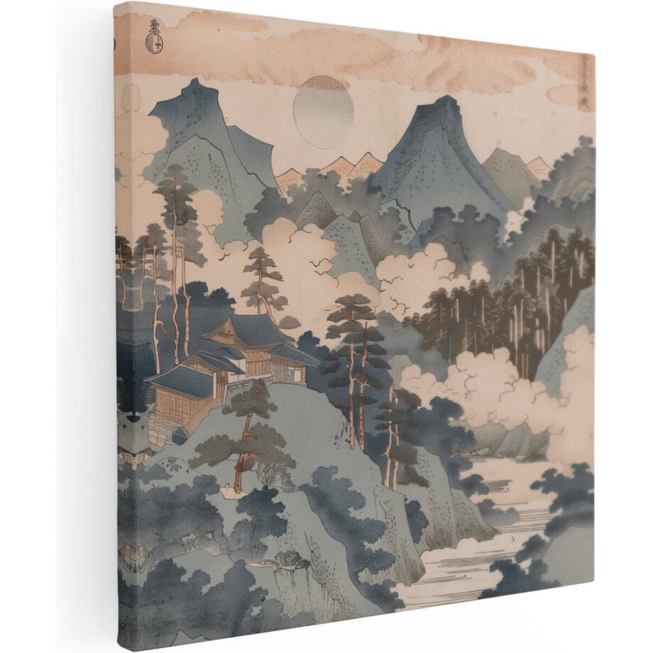 Artaza Canvas Schilderij Aziatisch Landschap met Bergen en Bomen - 50x50 cm - Wanddecoratie Woonkamer - Schilderijen - Muurdecoratie afbeelding 1