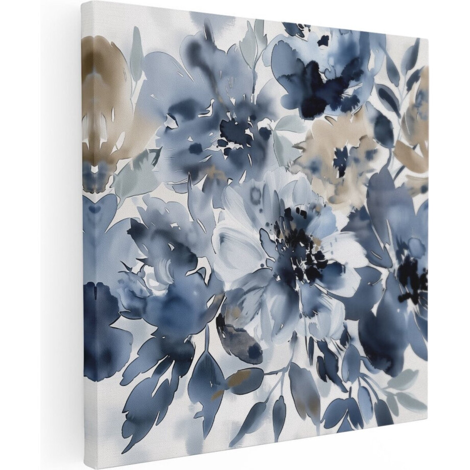 Artaza Canvas Schilderij Blauwe en Beige Bloemen op een Witte Achtergrond - Bloemen - 30x30 cm - Klein - Wanddecoratie Woonkamer - Schilderijen - Muurdecoratie afbeelding 1
