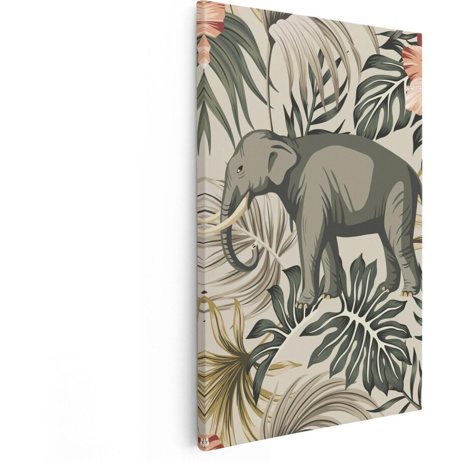 Artaza Canvas Schilderij Olifant Botanisch - 20x30 cm - Klein - Muurdecoratie Dieren - Wanddecoratie Jungle - Kamer Accessoires afbeelding 1