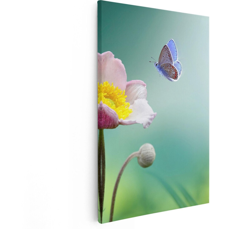Artaza Canvas Schilderij Roze Anemoon Bloem Met Een Blauwe Vlinder - 60x90 - Foto Op Canvas - Canvas Print afbeelding 1