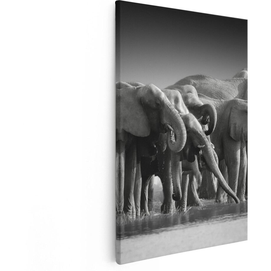 Artaza Canvas Schilderij Groep Olifanten Bij Het Water - Zwart Wit - 80x120 - Groot - Foto Op Canvas - Canvas Print afbeelding 1