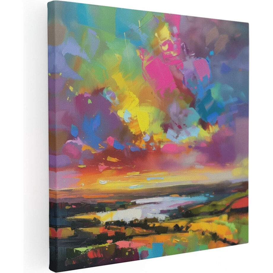 Artaza Canvas Schilderij Kleurrijke Zonsondergang boven een Meer - 40x40 cm - Klein - Wanddecoratie Woonkamer - Schilderijen - Muurdecoratie afbeelding 1