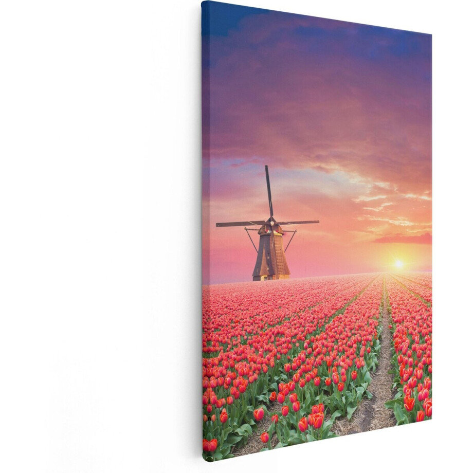 Artaza Canvas Schilderij Rode Rozen Bloemenveld Met Een Windmolen - 60x90 - Foto Op Canvas - Canvas Print afbeelding 1