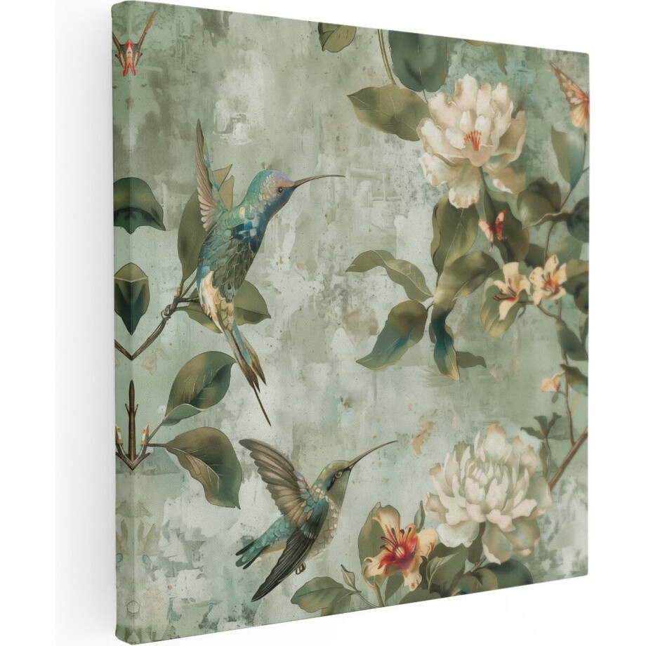 Artaza Canvas Schilderij Kolibries met Bloemen op een Groene Achtergrond - Bloemen - 70x70 cm - Wanddecoratie Woonkamer - Schilderijen - Muurdecoratie afbeelding 1