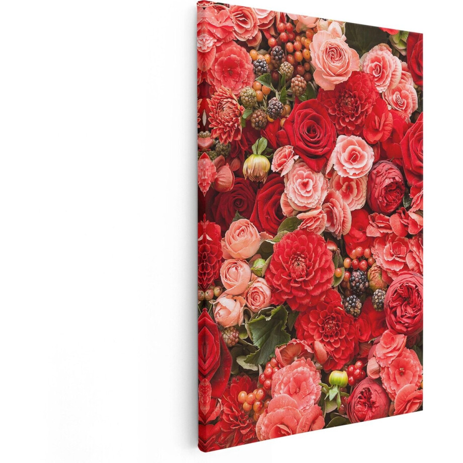 Artaza Canvas Schilderij Rode En Roze Bloemen Met Fruit - Abstract - 80x120 - Groot - Foto Op Canvas - Canvas Print afbeelding 1