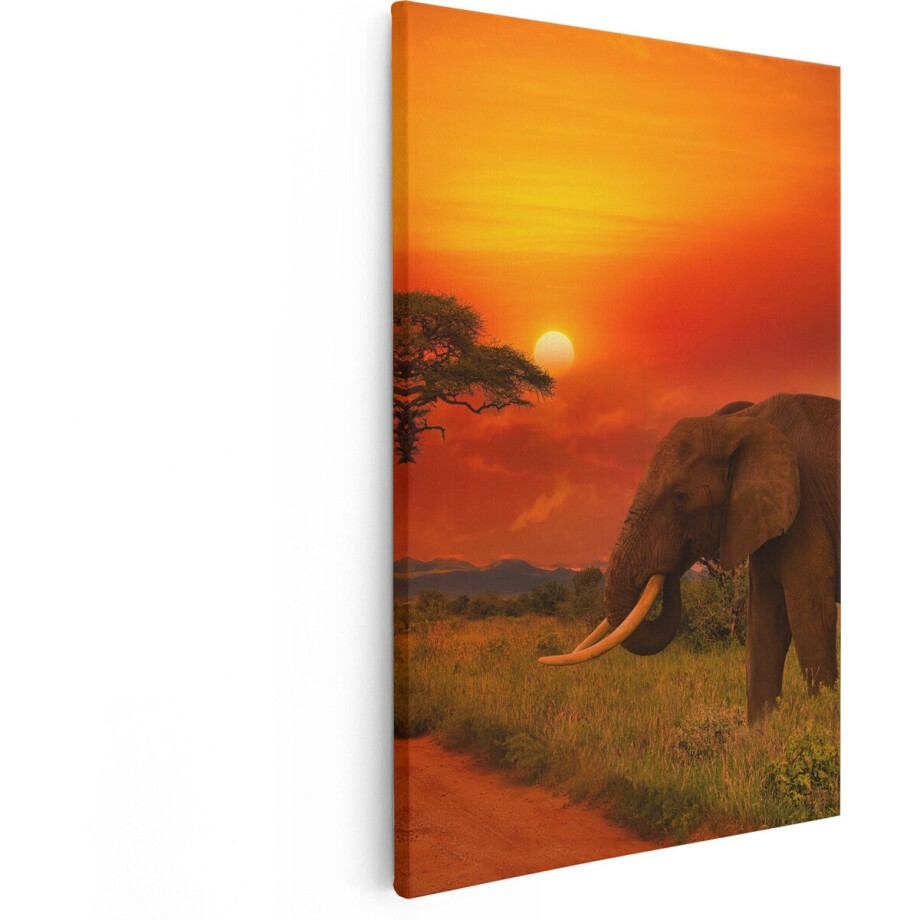 Artaza Canvas Schilderij Olifant - 60x90 cm - Wanddecoratie Afrika - Muurdecoratie Zonsondergang - Schilderijen Dieren afbeelding 1