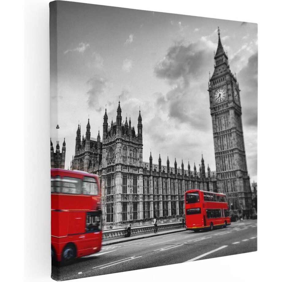 Artaza Canvas Schilderij Rode Bussen in Londen - Retro - 50x50 - Foto Op Canvas - Canvas Print afbeelding 1