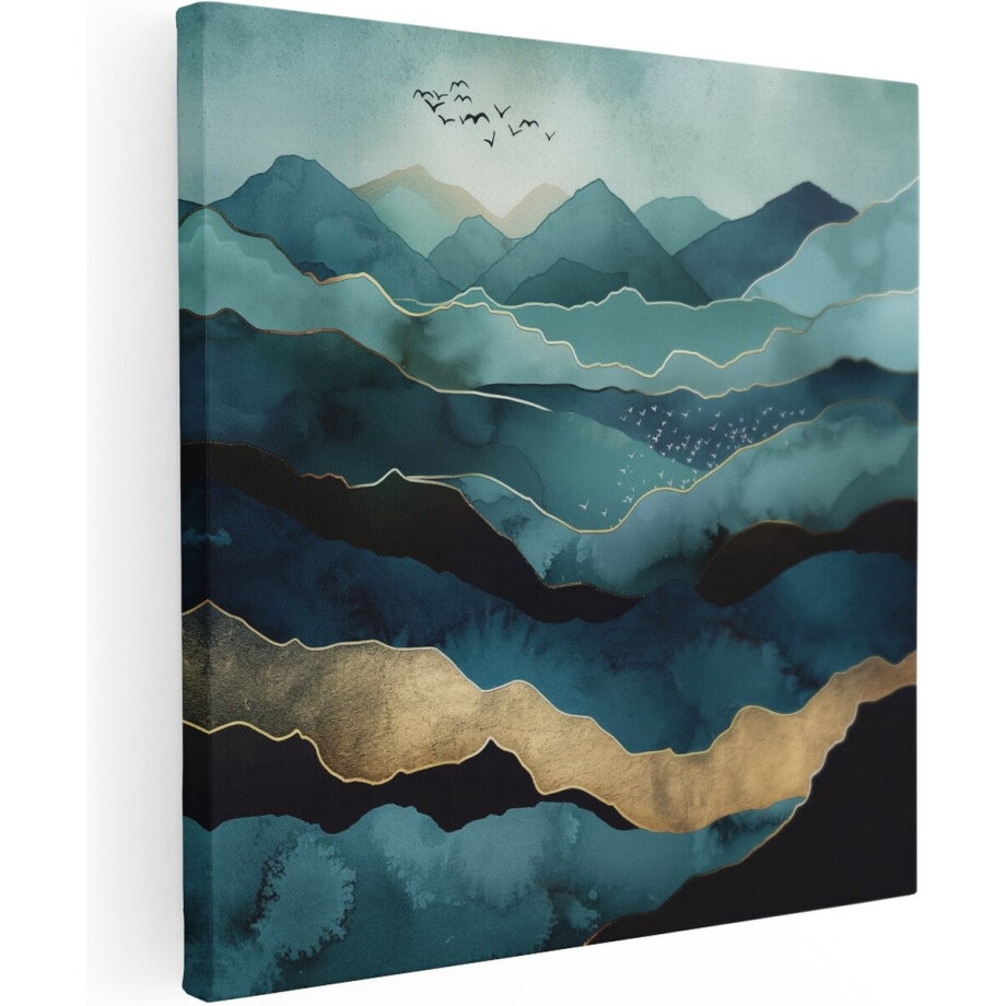 Artaza Canvas Schilderij Bergen Abstract - 60x60 cm - Wanddecoratie Woonkamer - Muurdecoratie Natuur - Schilderijen Op Canvas Goud afbeelding 1
