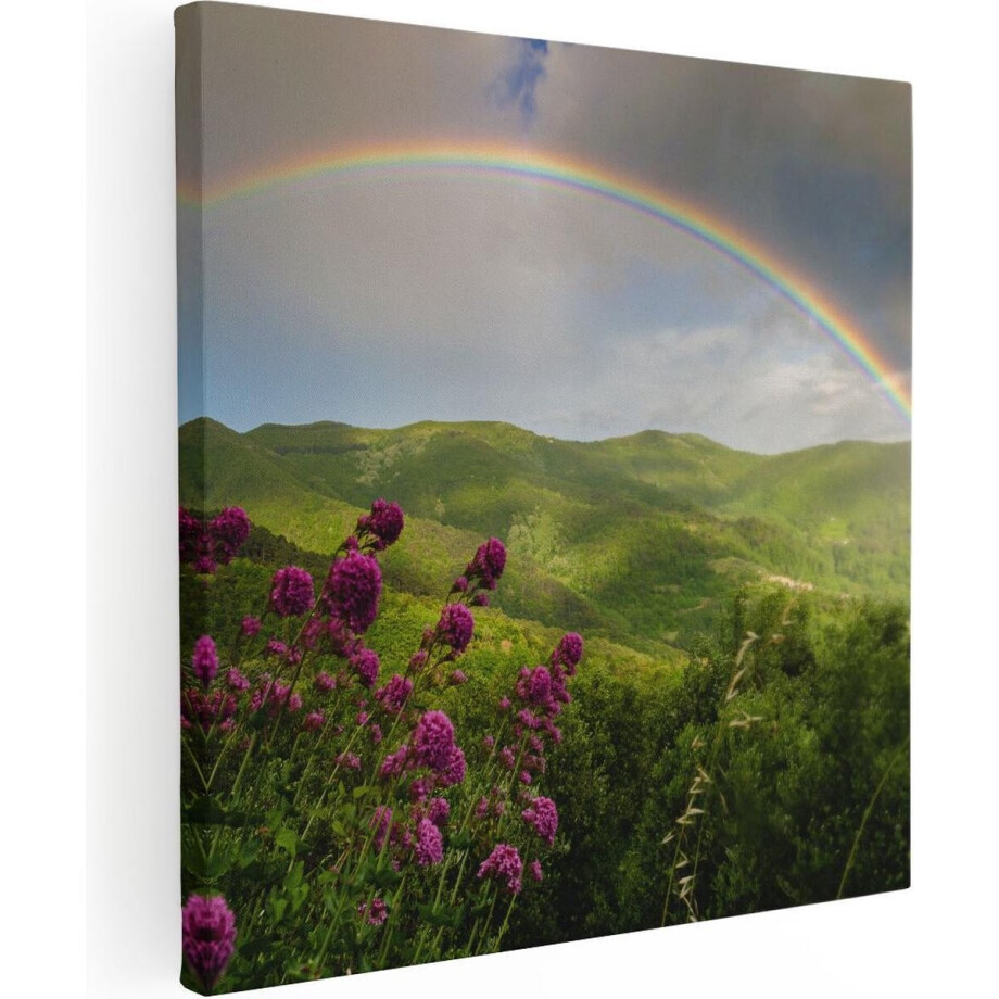 Artaza Canvas Schilderij Landschap - 30x30 cm - Klein - Wanddecoratie Regenboog - Muurdecoratie Bergen - Kamer Accessoires Bloemen afbeelding 1