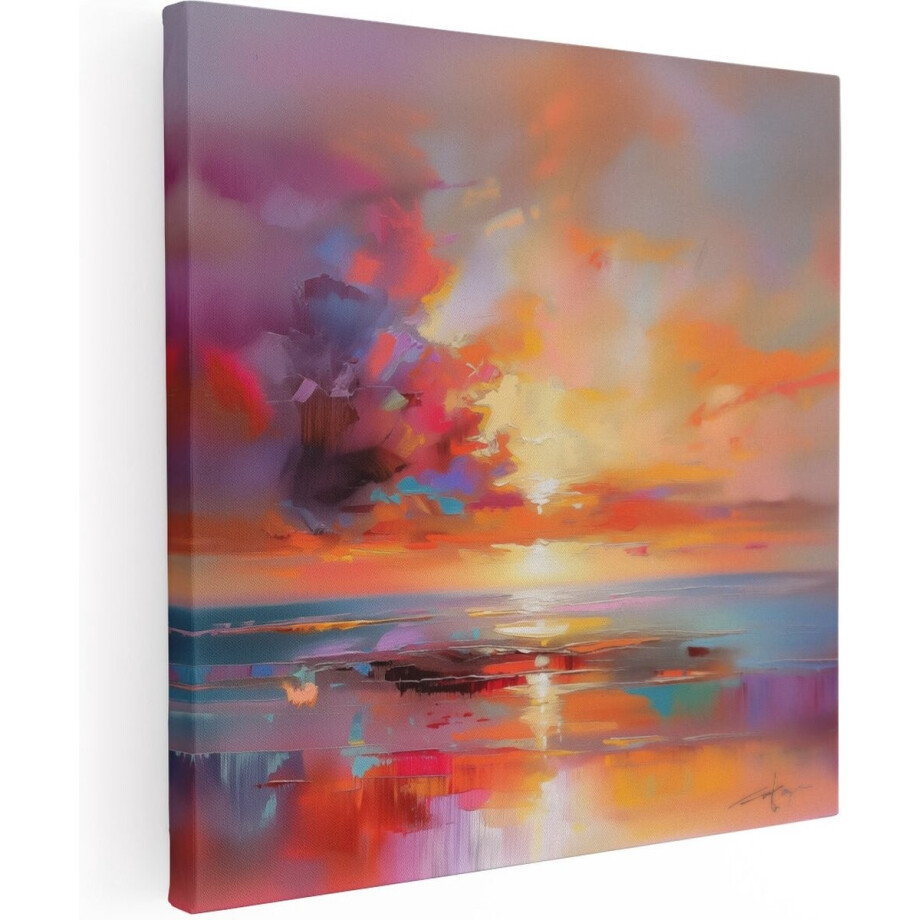 Artaza Canvas Schilderij Abstract Kunstwerk van een Zonsondergang - 90x90 cm - Groot - Wanddecoratie Woonkamer - Schilderijen - Muurdecoratie afbeelding 1