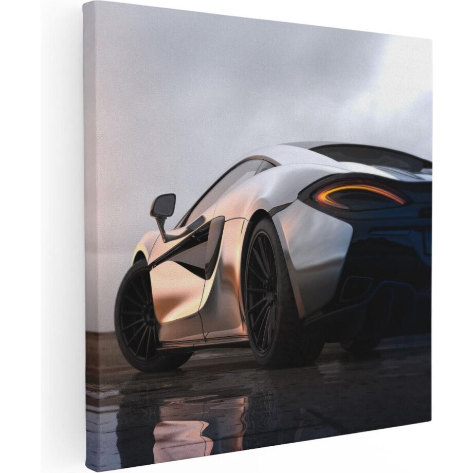 Artaza Canvas Schilderij Zilveren Sportwagen Auto Bij Zonsondergang - 50x50 - Foto Op Canvas - Canvas Print afbeelding 1