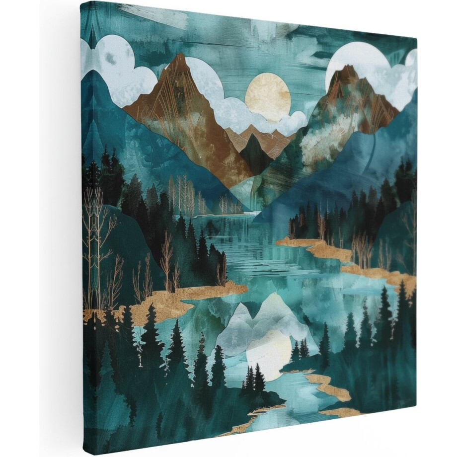 Artaza Canvas Schilderij Aquarel Kunstwerk van Bergen en een Meer - 60x60 cm - Wanddecoratie Woonkamer - Schilderijen - Muurdecoratie afbeelding 1