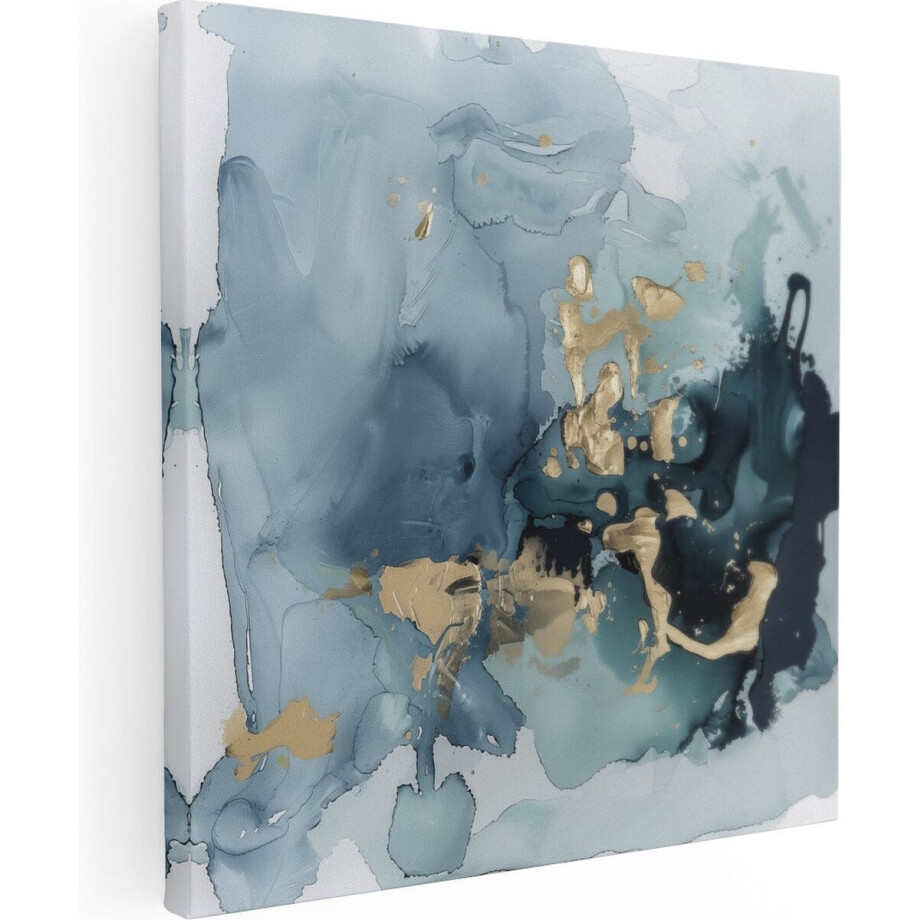 Artaza Canvas Schilderij Abstract Blauw en Goud - 80x80 cm - Groot - Wanddecoratie Woonkamer - Schilderijen - Muurdecoratie afbeelding 1