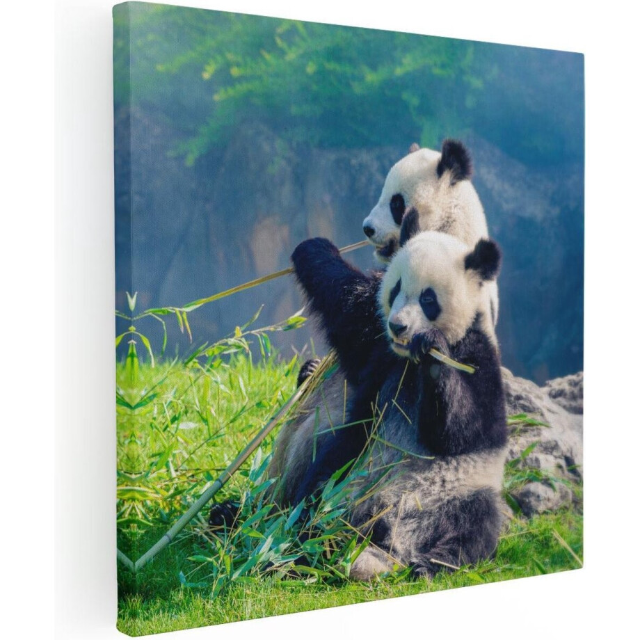 Artaza Canvas Schilderij Twee Panda's Eten Bamboe Riet - 70x70 - Foto Op Canvas - Canvas Print afbeelding 1