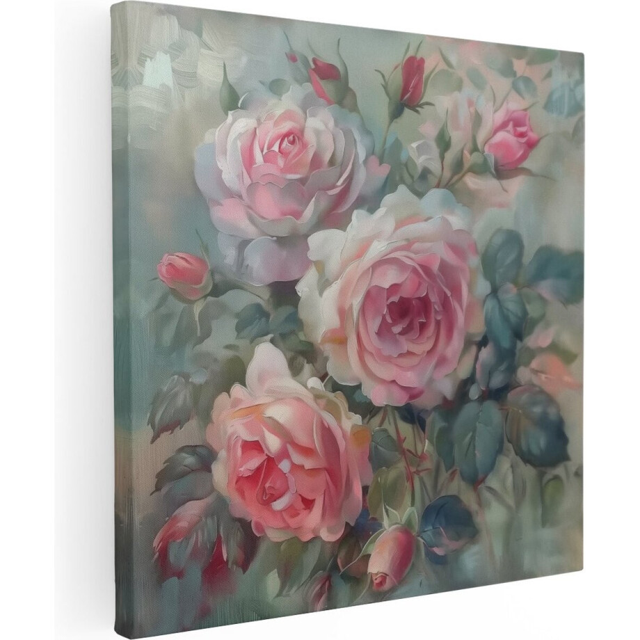Artaza Canvas Schilderij Roze Rozen in een Vaas - Bloemen - 40x40 cm - Klein - Wanddecoratie Woonkamer - Schilderijen - Muurdecoratie afbeelding 1