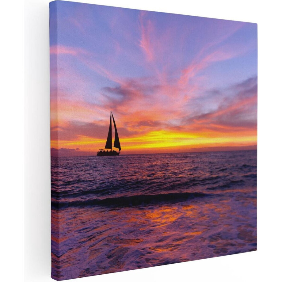 Artaza Canvas Schilderij Zeilboot - 70x70 cm - Wanddecoratie Zonsondergang - Muurdecoratie Zee - Schilderijen Op Canvas Strand afbeelding 1