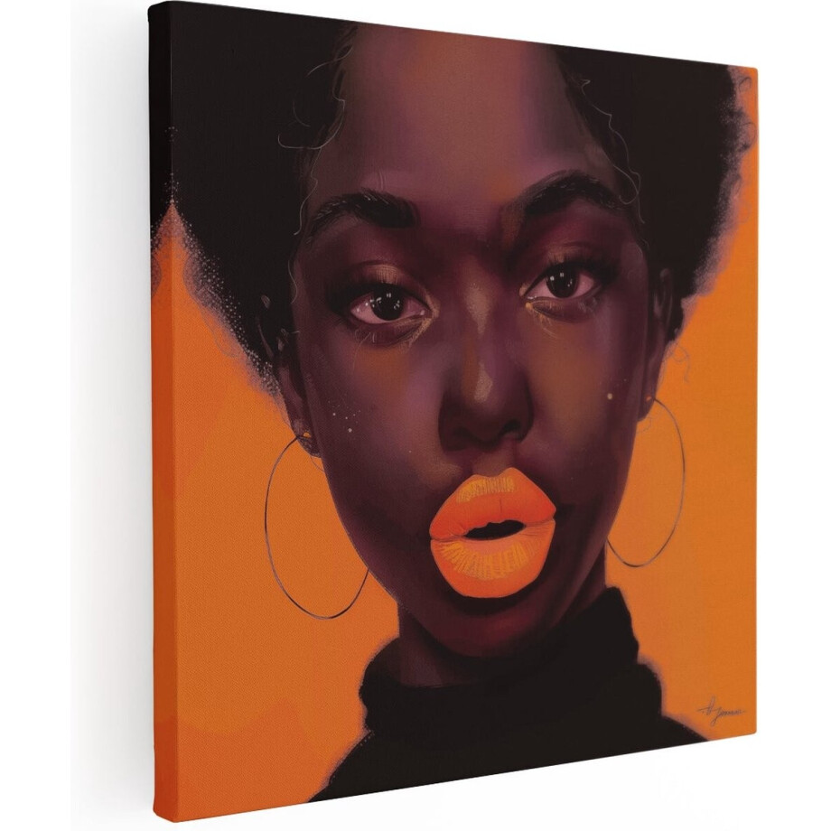 Artaza Canvas Schilderij Zwarte Vrouw met Oranje Lippen - 70x70 cm - Wanddecoratie Woonkamer - Schilderijen - Muurdecoratie afbeelding 1