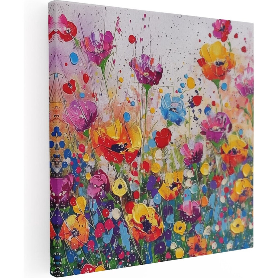 Artaza Canvas Schilderij Kleurrijke Bloemen in een Veld - Bloemen - 50x50 cm - Wanddecoratie Woonkamer - Schilderijen - Muurdecoratie afbeelding 1
