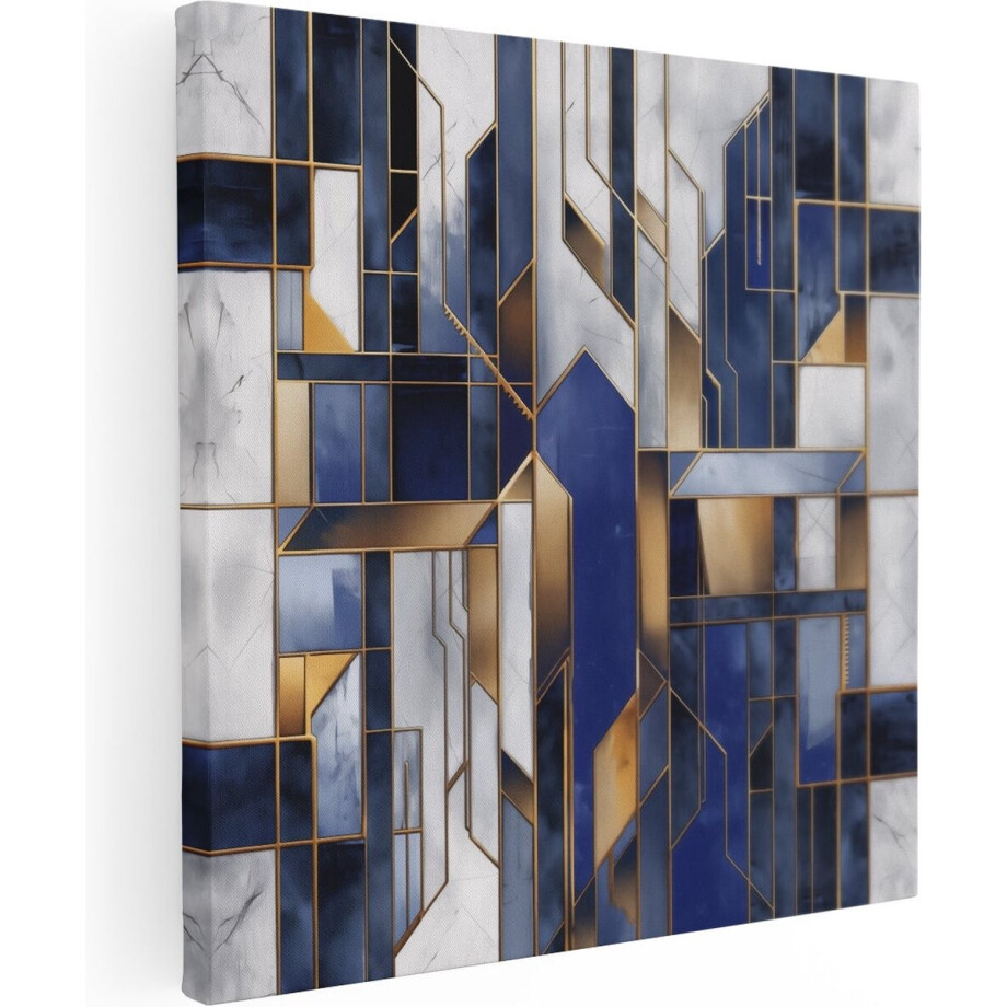 Artaza Canvas Schilderij Blauw en Goud Geometrisch Patroon - 60x60 cm - Wanddecoratie Woonkamer - Schilderijen - Muurdecoratie afbeelding 1