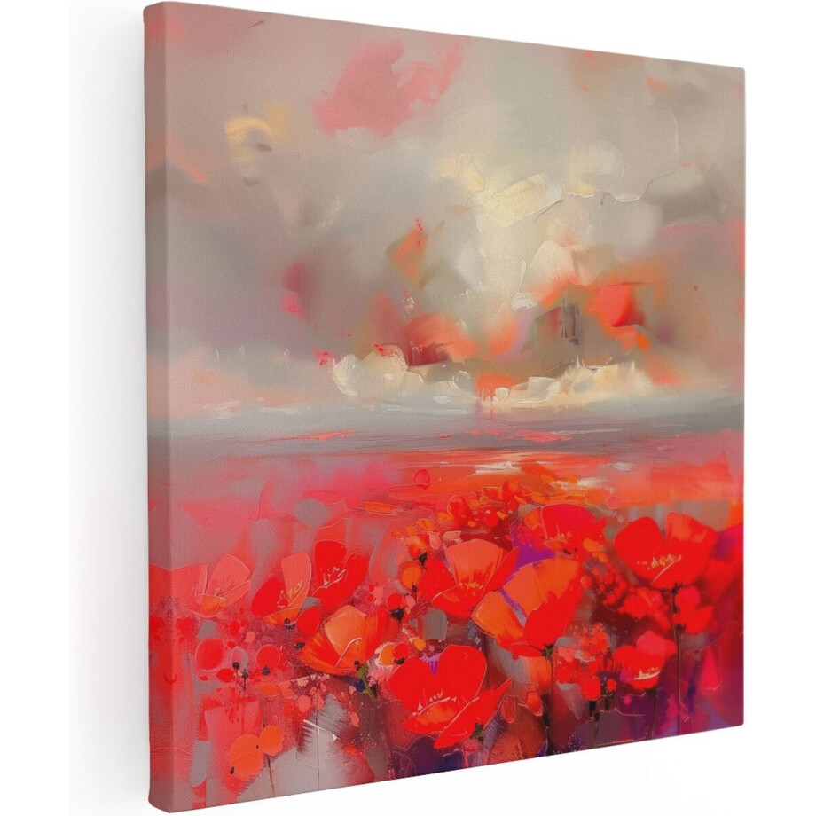 Artaza Canvas Schilderij Abstract Rode Klaprozen - Bloemen - 70x70 cm - Wanddecoratie Woonkamer - Schilderijen - Muurdecoratie afbeelding 1
