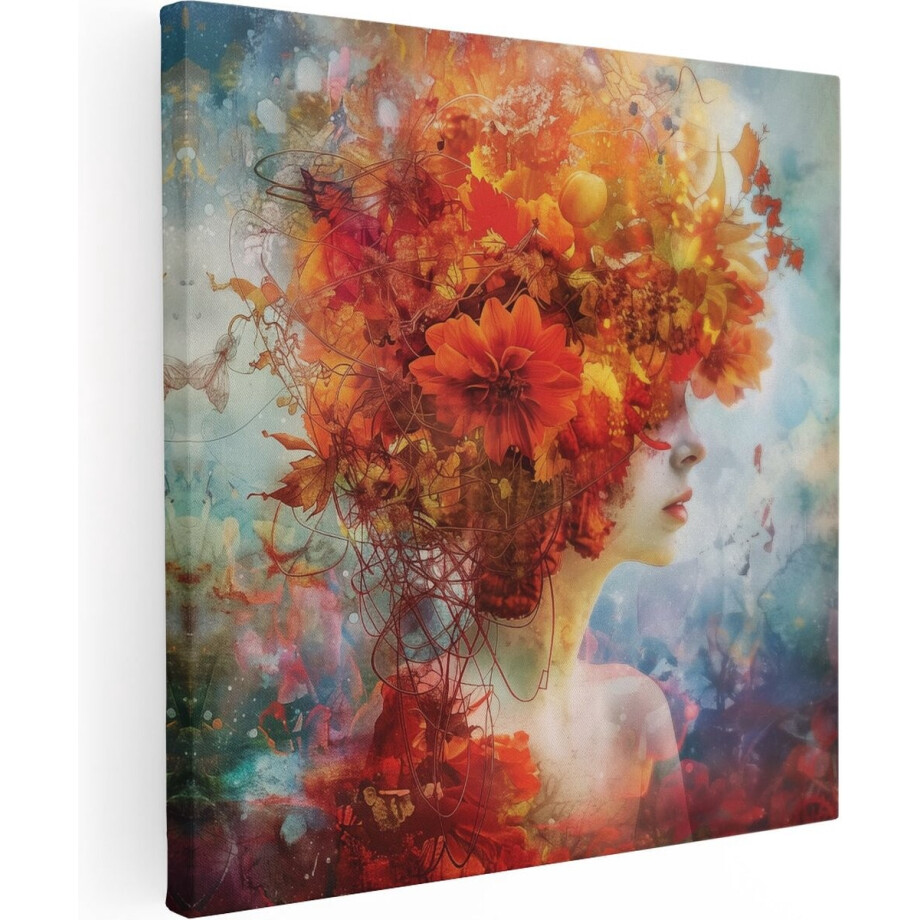 Artaza Canvas Schilderij Vrouw met Bloemen in haar Haar - Bloemen - 80x80 cm - Groot - Wanddecoratie Woonkamer - Schilderijen - Muurdecoratie afbeelding 1